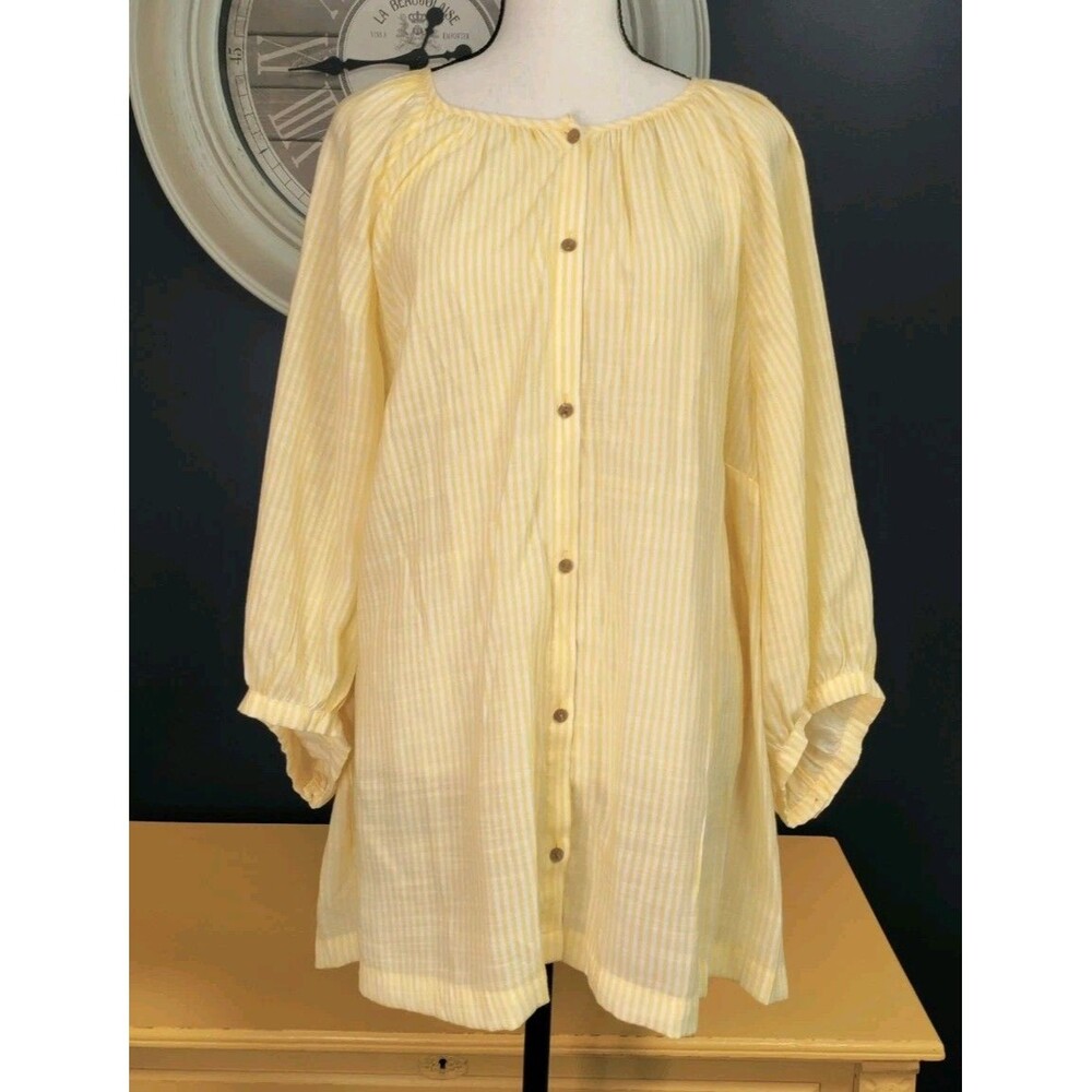 Lauren Conrad Blouse Women's 3X White Yellow Striped Button Up Balloon Sleeves